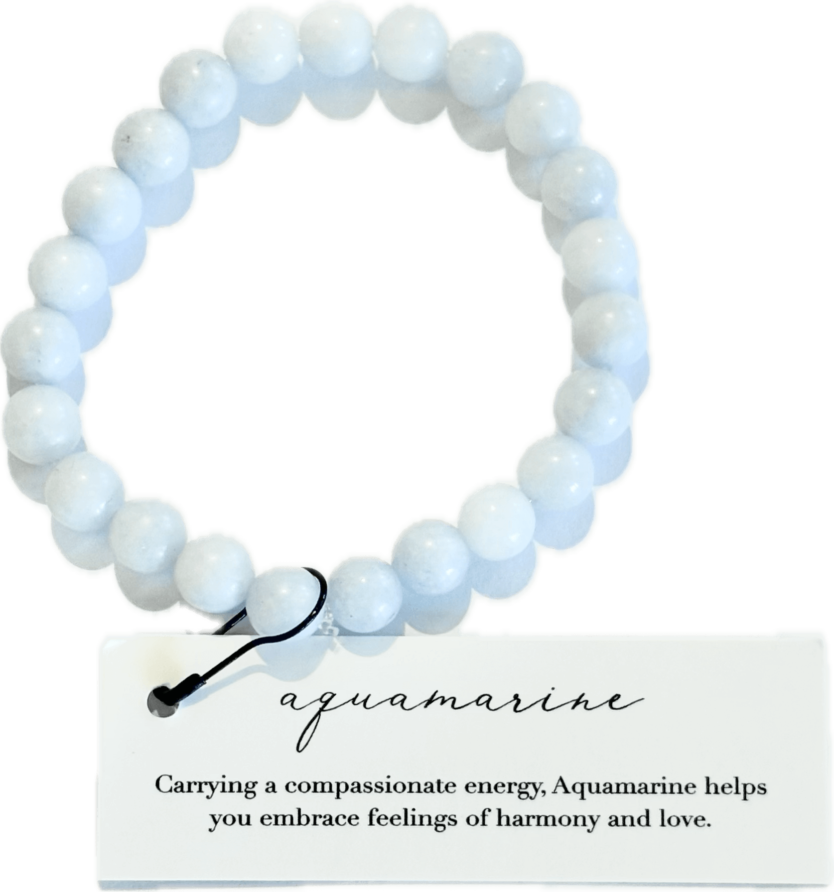 Aquamarine bracelet on a white background with descriptive card