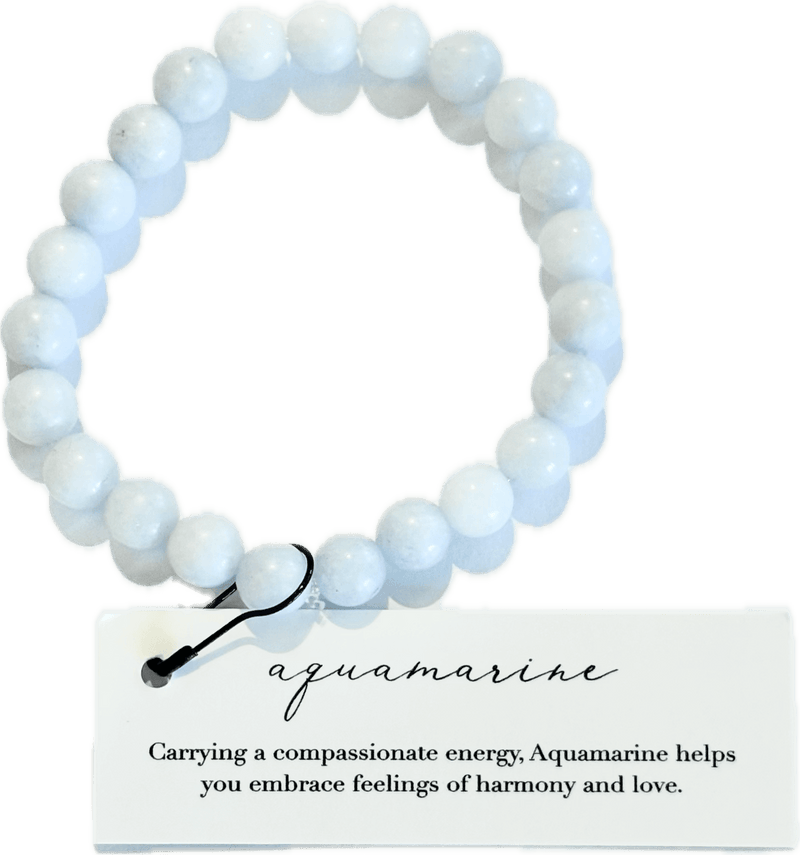 Aquamarine bracelet on a white background with descriptive card