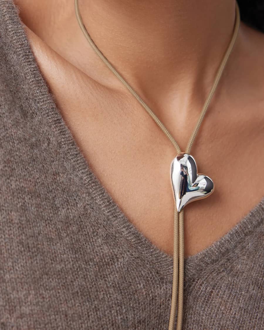 Silver heart bolo tie necklace, Jenny Bird, detail view — Lemonberry Aurora