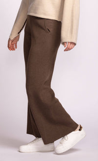 Pink Martini Ashley Pants in brown, side view showing pocket detail, styled casually with sneakers, Lemonberry Boutique.

