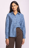 Azula Top Pink Martini – embroidered heart button-up in breathable cotton, styled casually with one side tucked