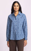 Azula Top by Pink Martini – blue cotton button-down shirt with embroidered navy hearts, front view, available at Lemonberry in Aurora