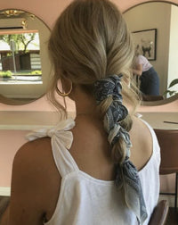 Bandana cotton paisley scarf worn in braid detail view Lemonberry Aurora