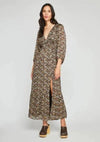 Side pose of Gentle Fawn Beatrice Dress fabric showing chiffon texture and lurex stripe