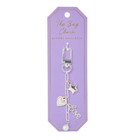 Silver Bella Bag Charm by Foxy Originals on lavender backing card with gold text