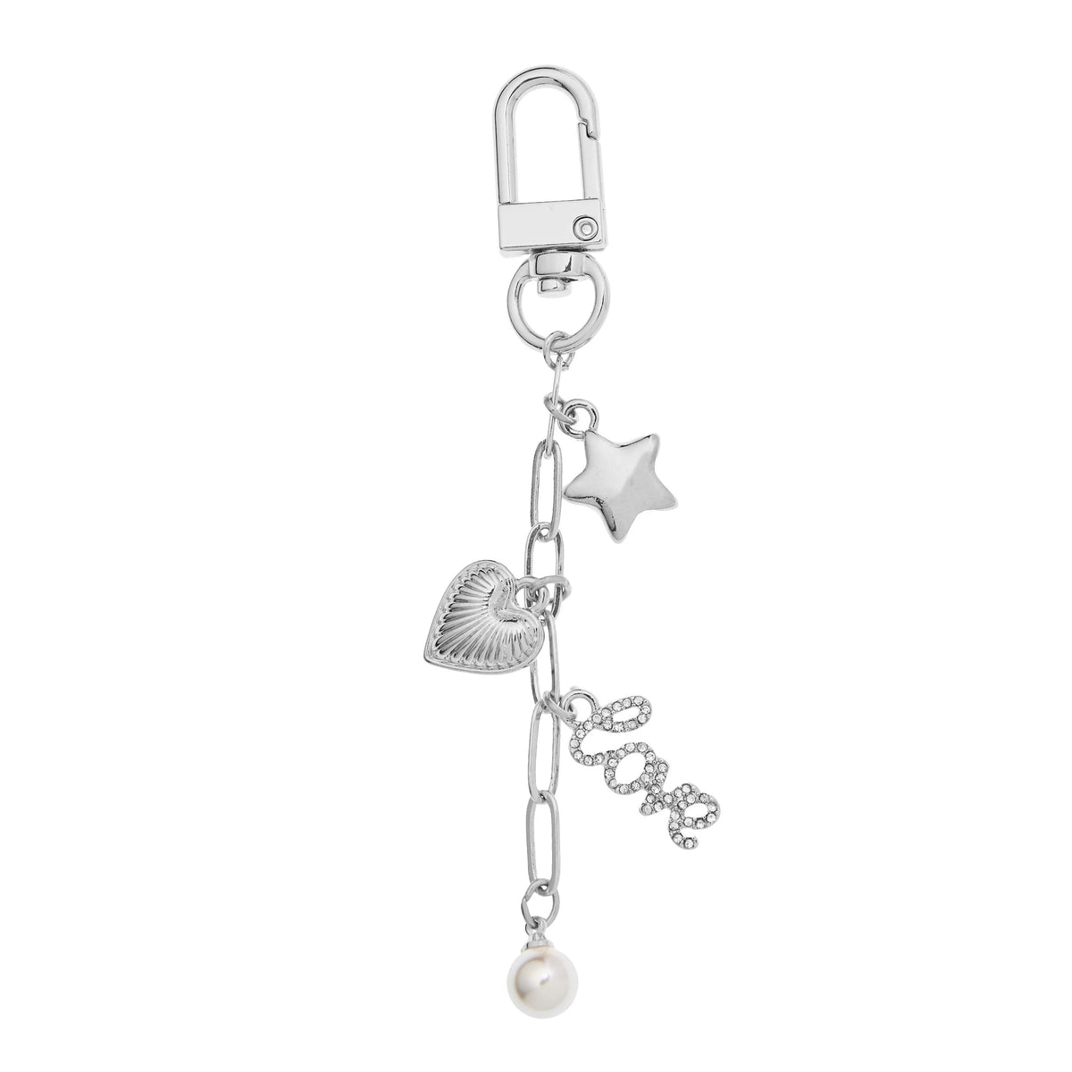 Bella Bag Charm by Foxy Originals in silver with star, heart, pavé “love” charm, and pearl drop
