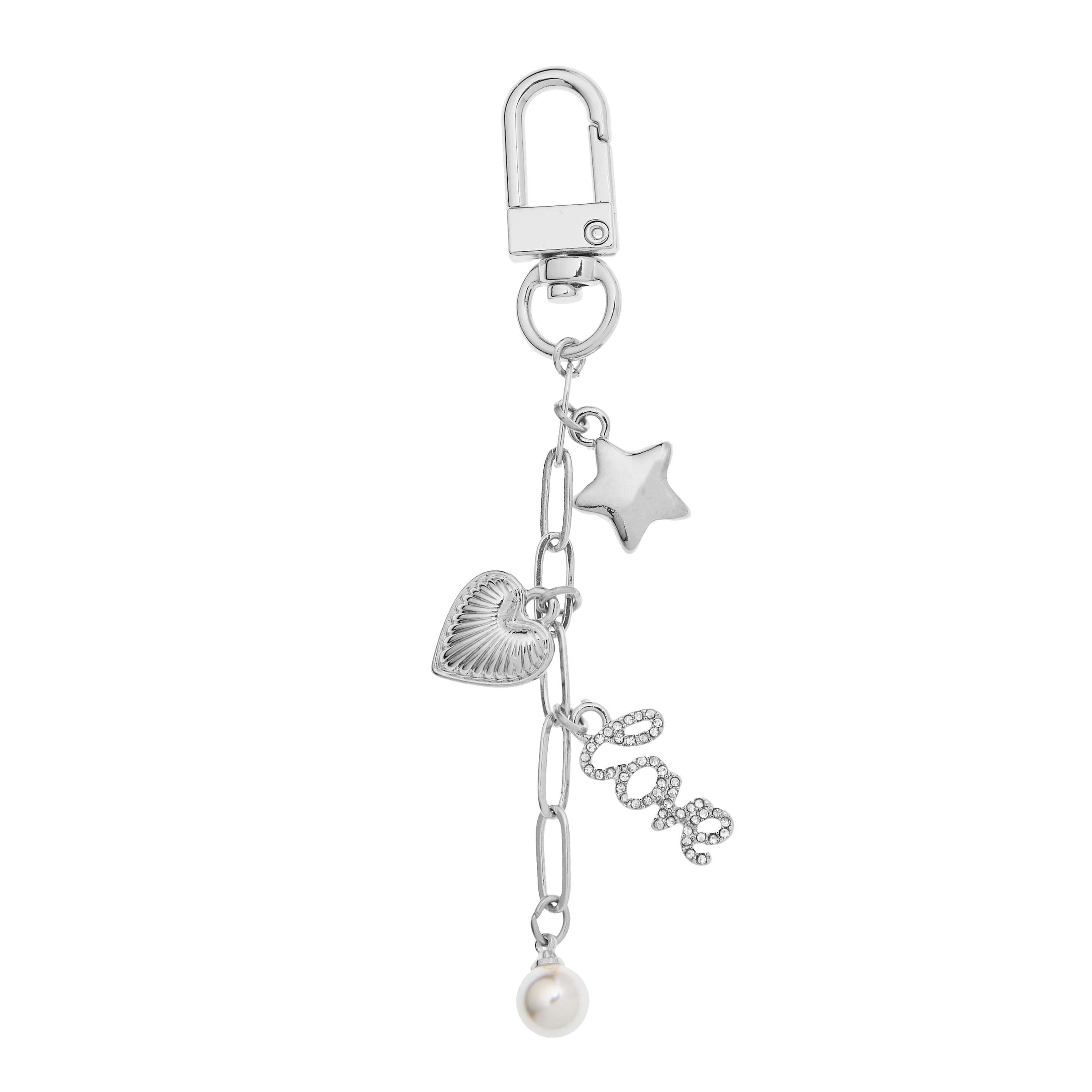 Bella Bag Charm by Foxy Originals in silver with star, heart, pavé “love” charm, and pearl drop
