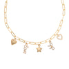 Gold Bella Charm Necklace with paperclip chain and five signature charms – Foxy Originals detail shot
