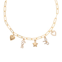 Gold Bella Charm Necklace with paperclip chain and five signature charms – Foxy Originals detail shot