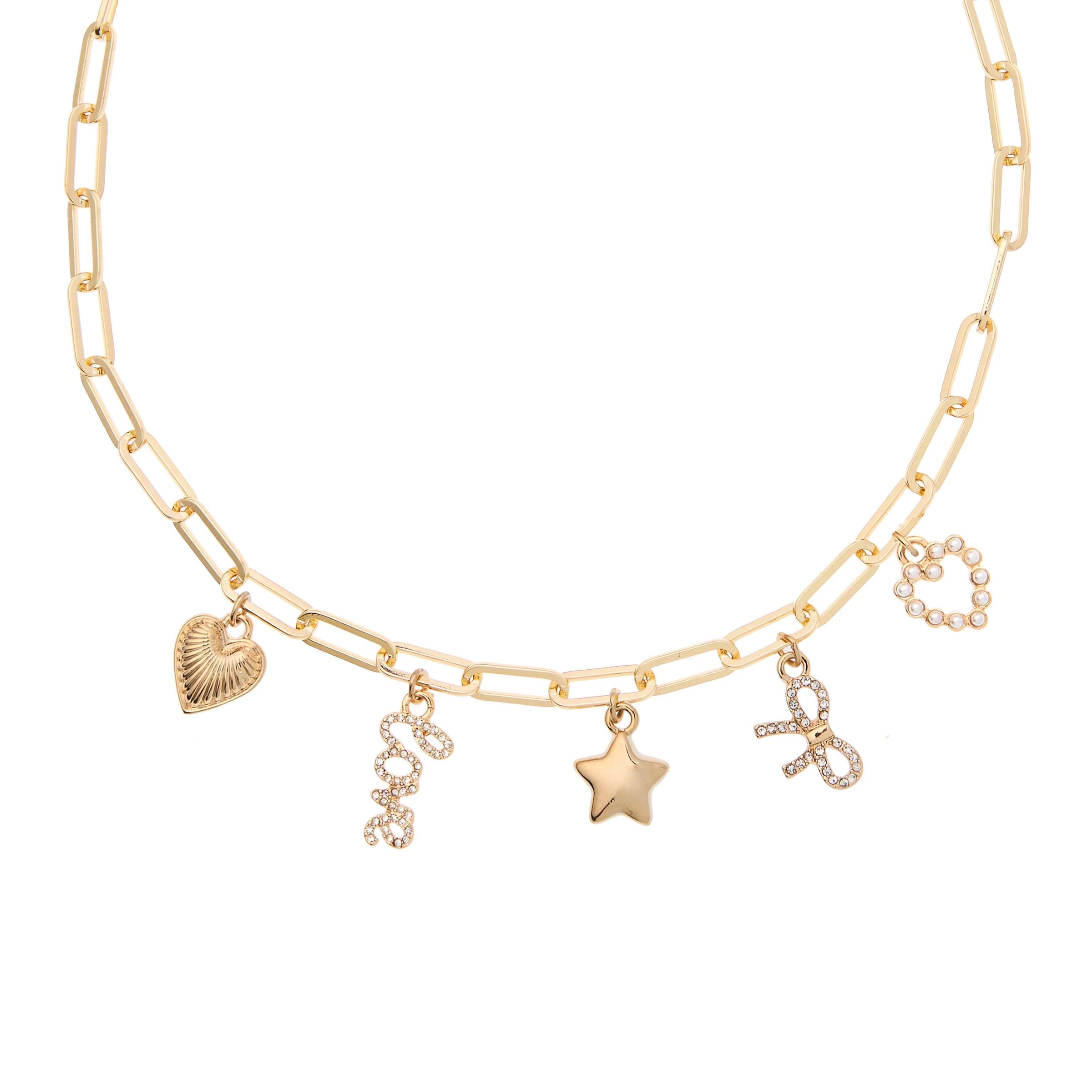 Gold Bella Charm Necklace with paperclip chain and five signature charms – Foxy Originals detail shot