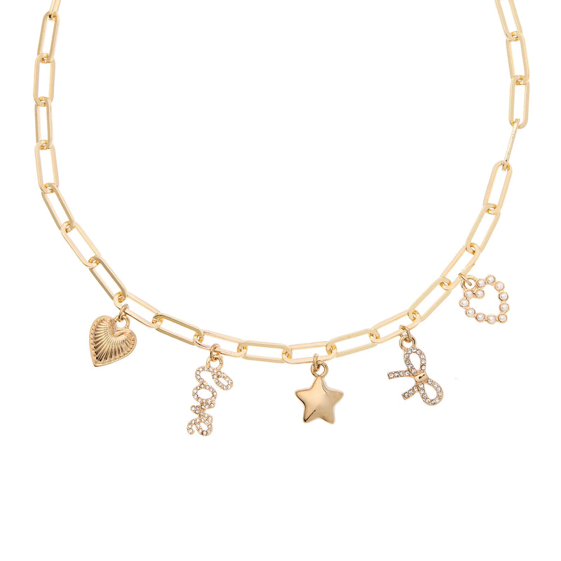 Gold Bella Charm Necklace with paperclip chain and five signature charms – Foxy Originals detail shot
