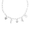 Silver Bella Charm Necklace with heart, star, bow, “love,” and pearl heart charms – Foxy Originals styled on white background.