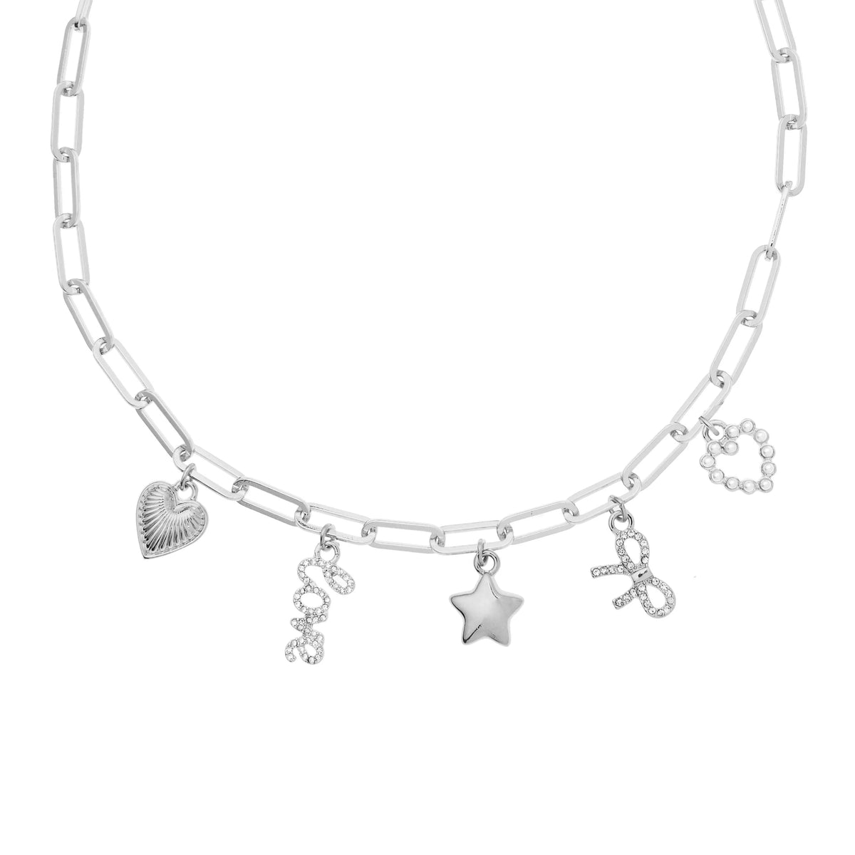 Silver Bella Charm Necklace with heart, star, bow, “love,” and pearl heart charms – Foxy Originals styled on white background.