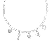 Silver Bella Charm Necklace with heart, star, bow, “love,” and pearl heart charms – Foxy Originals styled on white background.