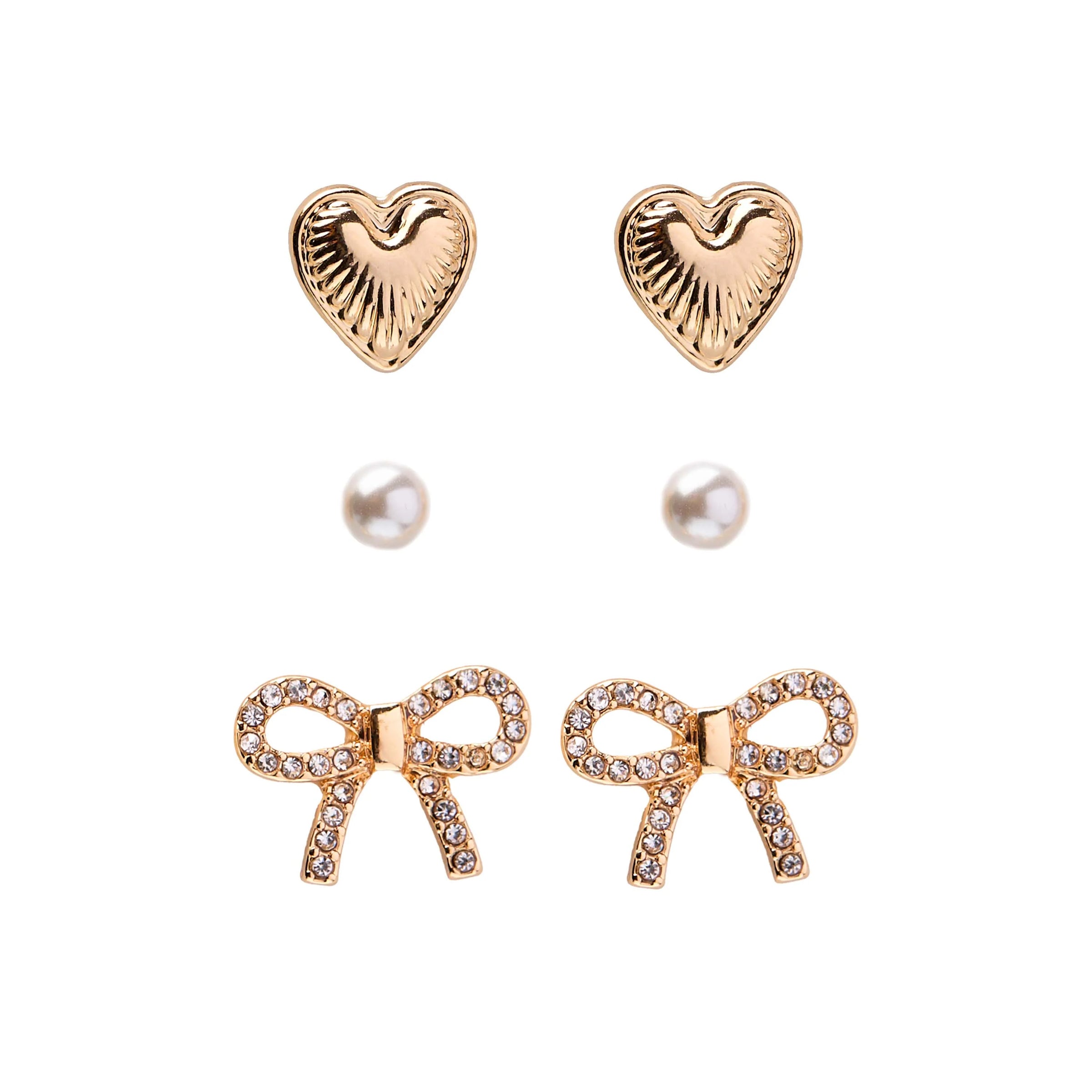 Bella Mix & Match Earrings set in gold – three pairs including heart, pearl, and pavé bow studs by Foxy Originals