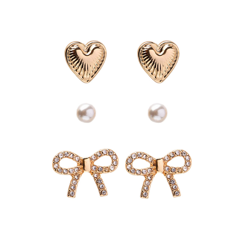 Bella Mix & Match Earrings set in gold – three pairs including heart, pearl, and pavé bow studs by Foxy Originals