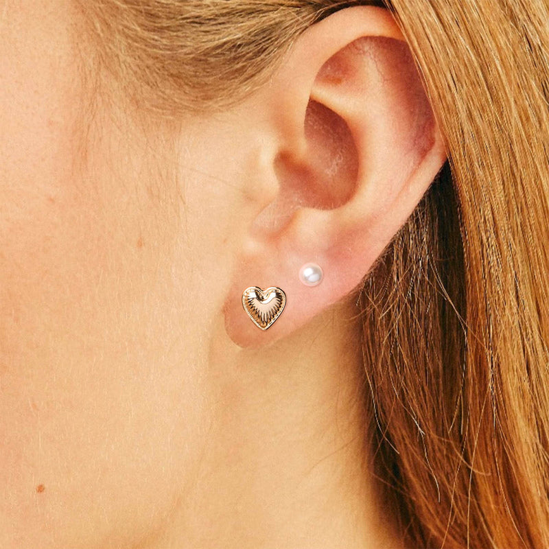 Bella Mix & Match Earrings – gold heart stud with pearl accent worn by model – Foxy Originals at Lemonberry