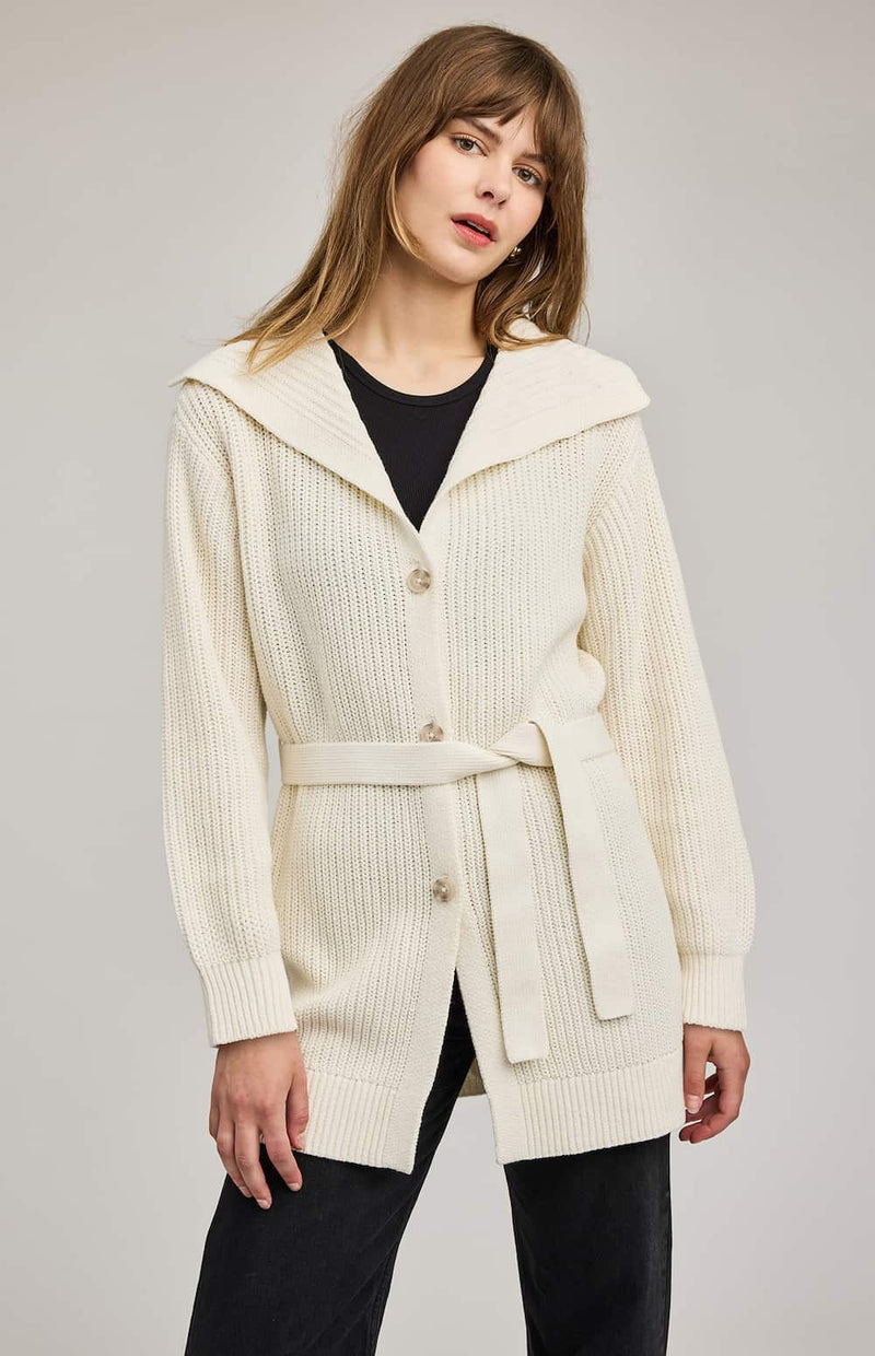 Women’s cream belted knit cardigan, Gentle Fawn, front view — Lemonberry Aurora