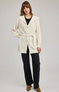 Women’s cream belted knit cardigan, Gentle Fawn, full-length view — Lemonberry Aurora