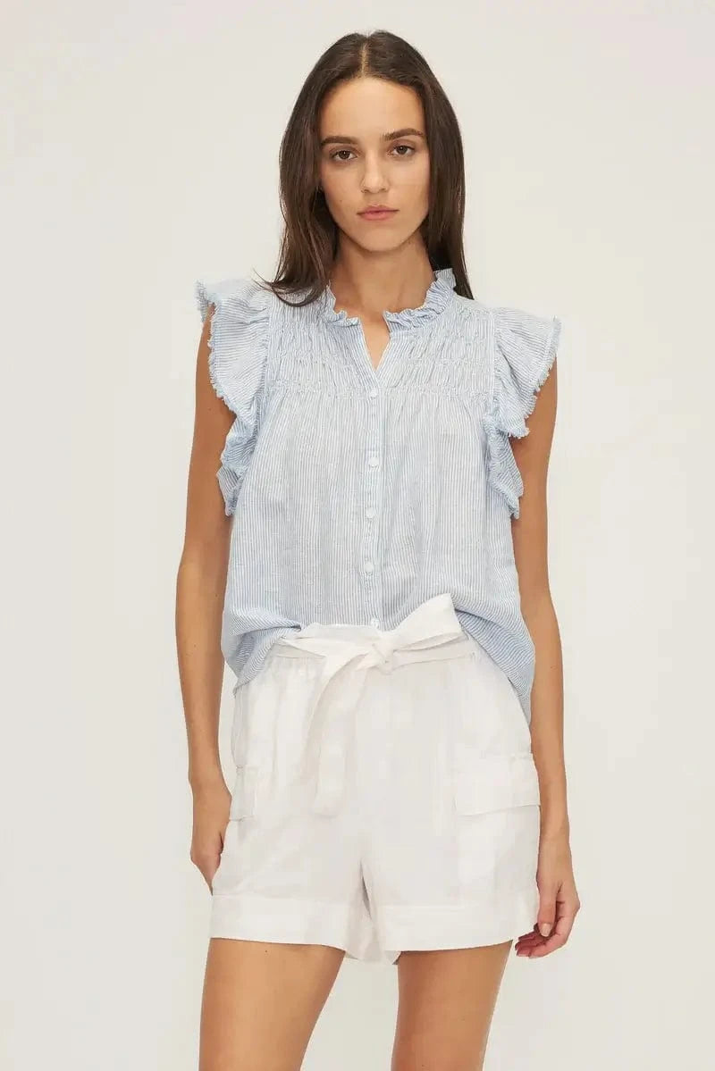 Front view of the Benjamin Blouse by Melissa Nepton featuring butterfly sleeves and subtle ruffle details – available at Lemonberry, Aurora ON