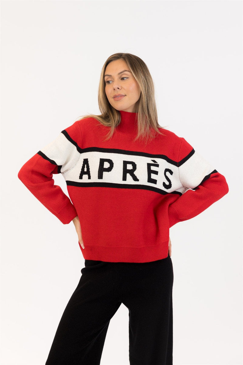 Woman wearing a red sweater with 'APRES' text on a white background