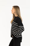 Side profile of Billie crewneck sweater showing relaxed stripe pattern