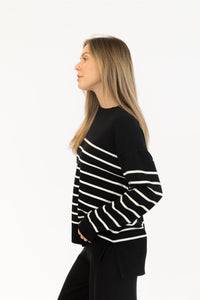 Side profile of Billie crewneck sweater showing relaxed stripe pattern