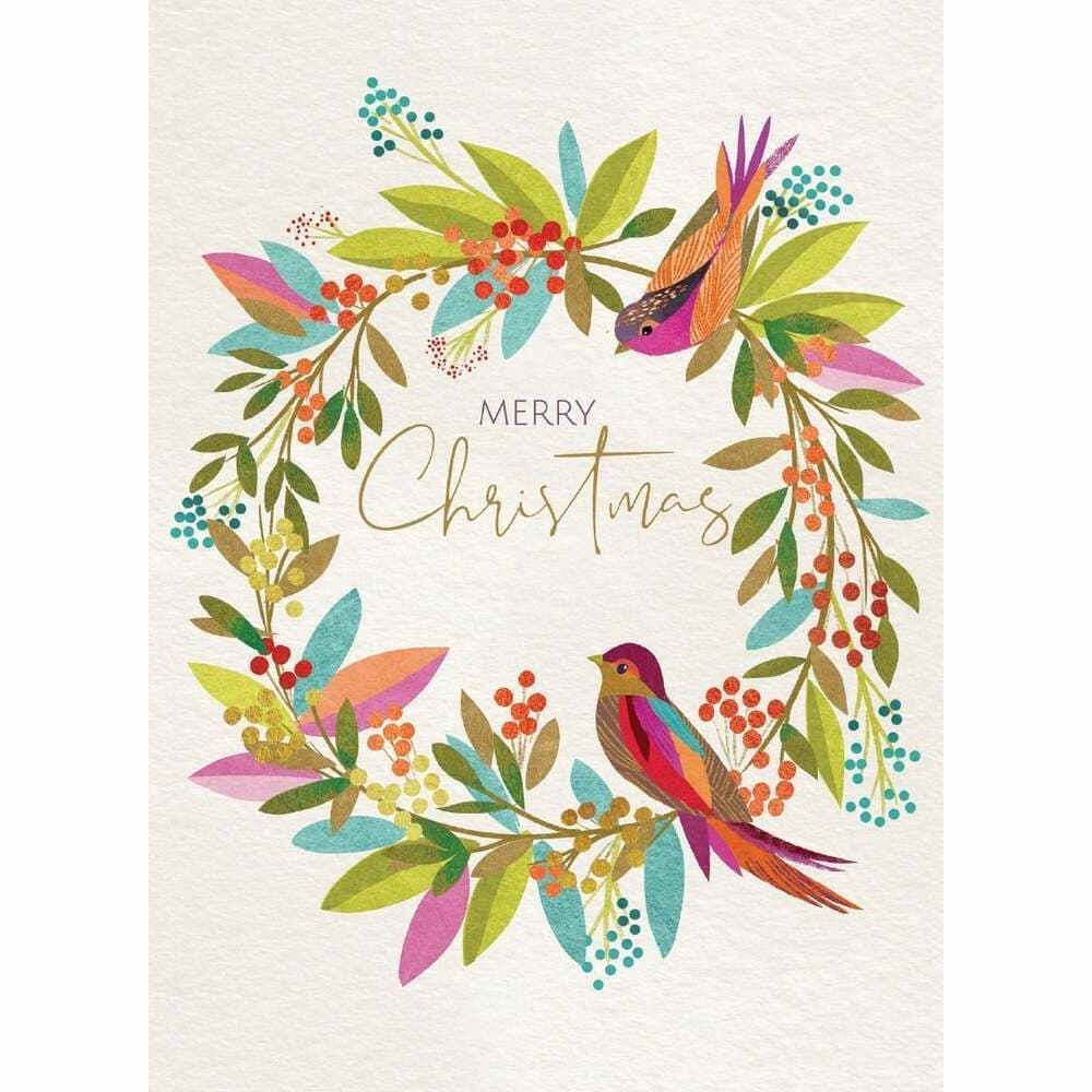 Merry Christmas card with colourful birds and wreath design — Lemonberry Aurora holiday stationery