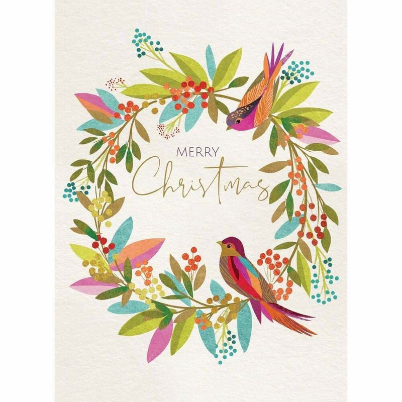 Merry Christmas card with colourful birds and wreath design — Lemonberry Aurora holiday stationery