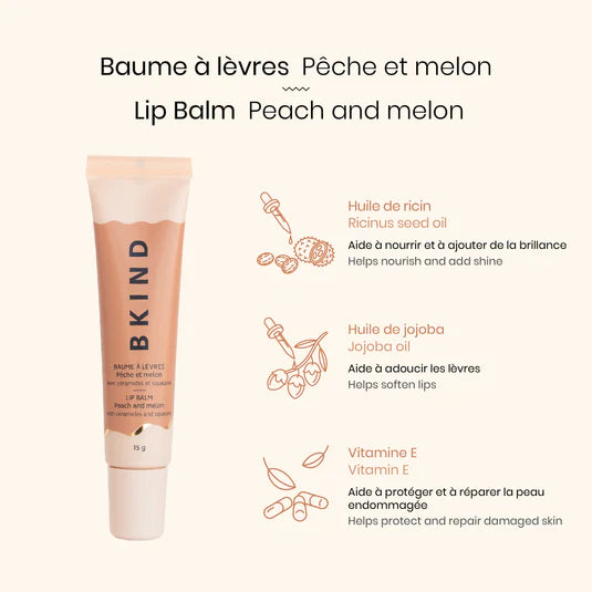 BKIND peach and melon lip balm info card with ingredient illustrations — Lemonberry Aurora