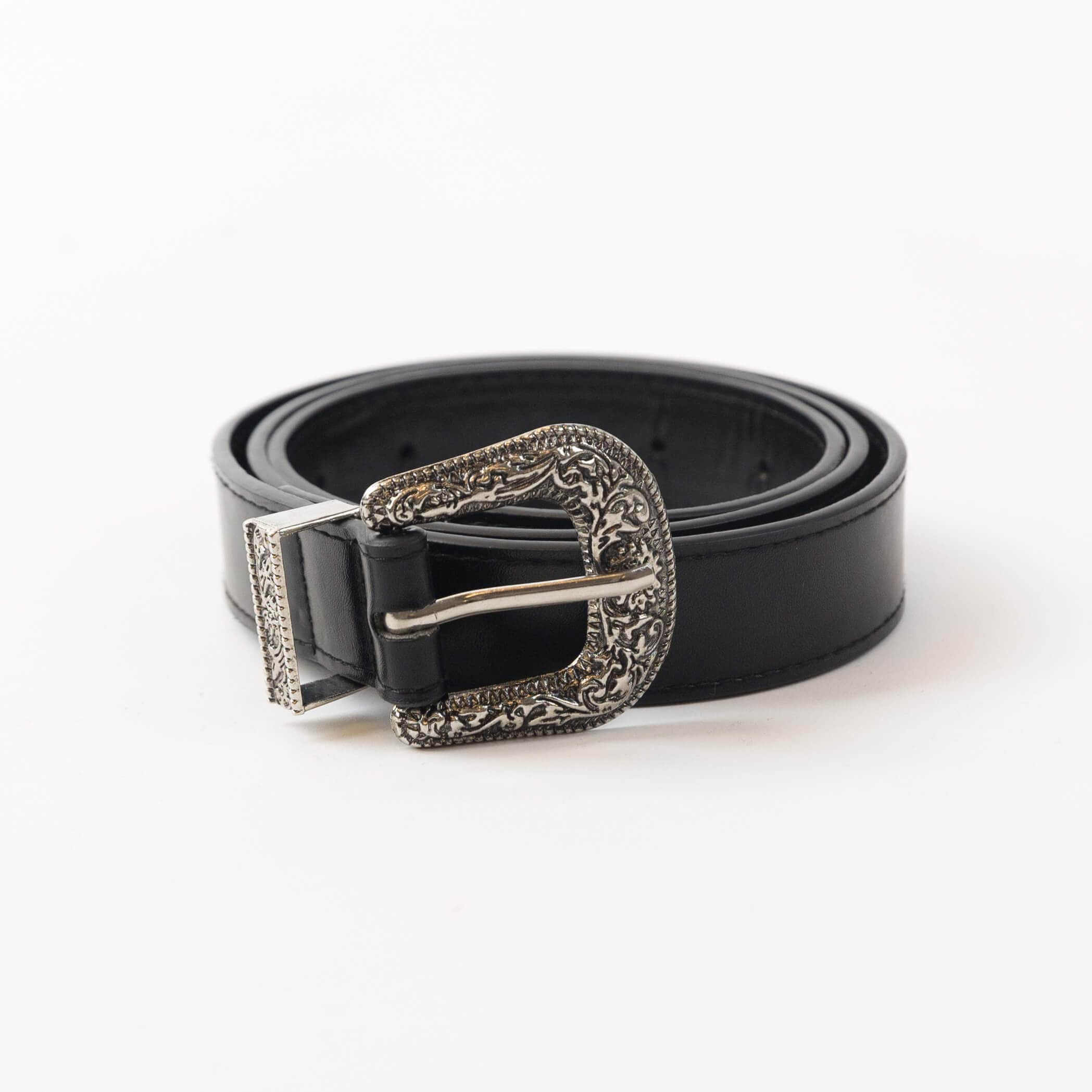 Black Lyla & Luxe belt with detailed silver western-style buckle, photographed against white background