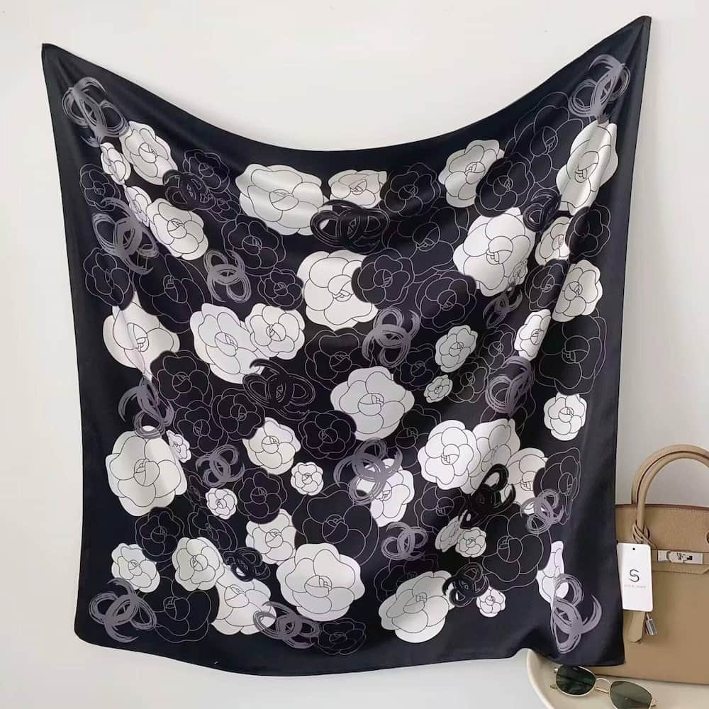 Black white and grey floral square scarf draped styling view Lemonberry Aurora