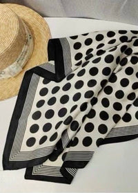 Black and white polka dot square scarf draped styling view Lemonberry Aurora
