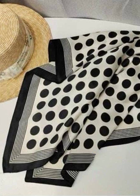 Black and white polka dot square scarf draped styling view Lemonberry Aurora