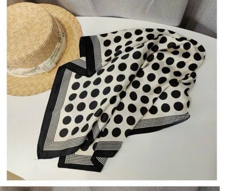 Black and white polka dot square scarf flat-lay view Lemonberry Aurora