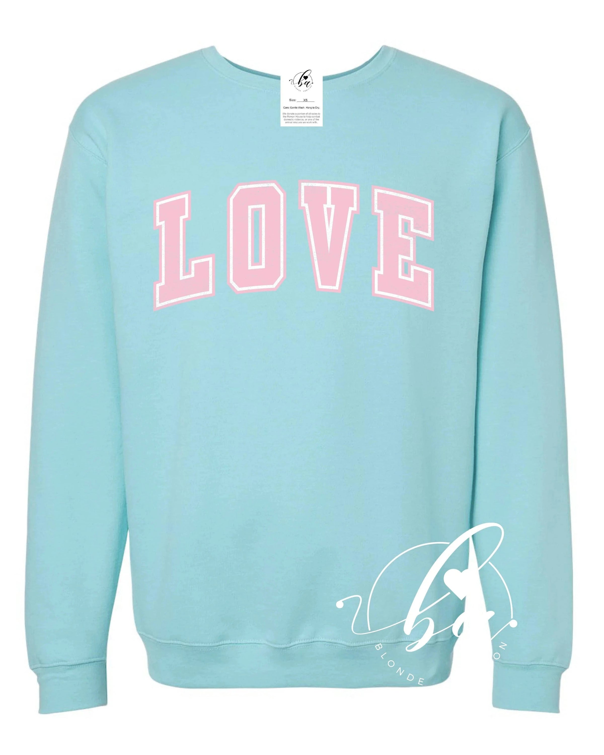 Blonde Ambition Tops Love Varsity Sweatshirt available at Lemonberry Boutique Aurora