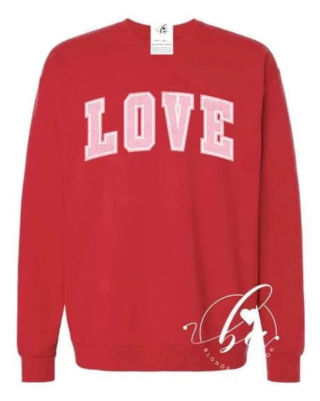 Blonde Ambition Tops Love Varsity Sweatshirt available at Lemonberry Boutique Aurora