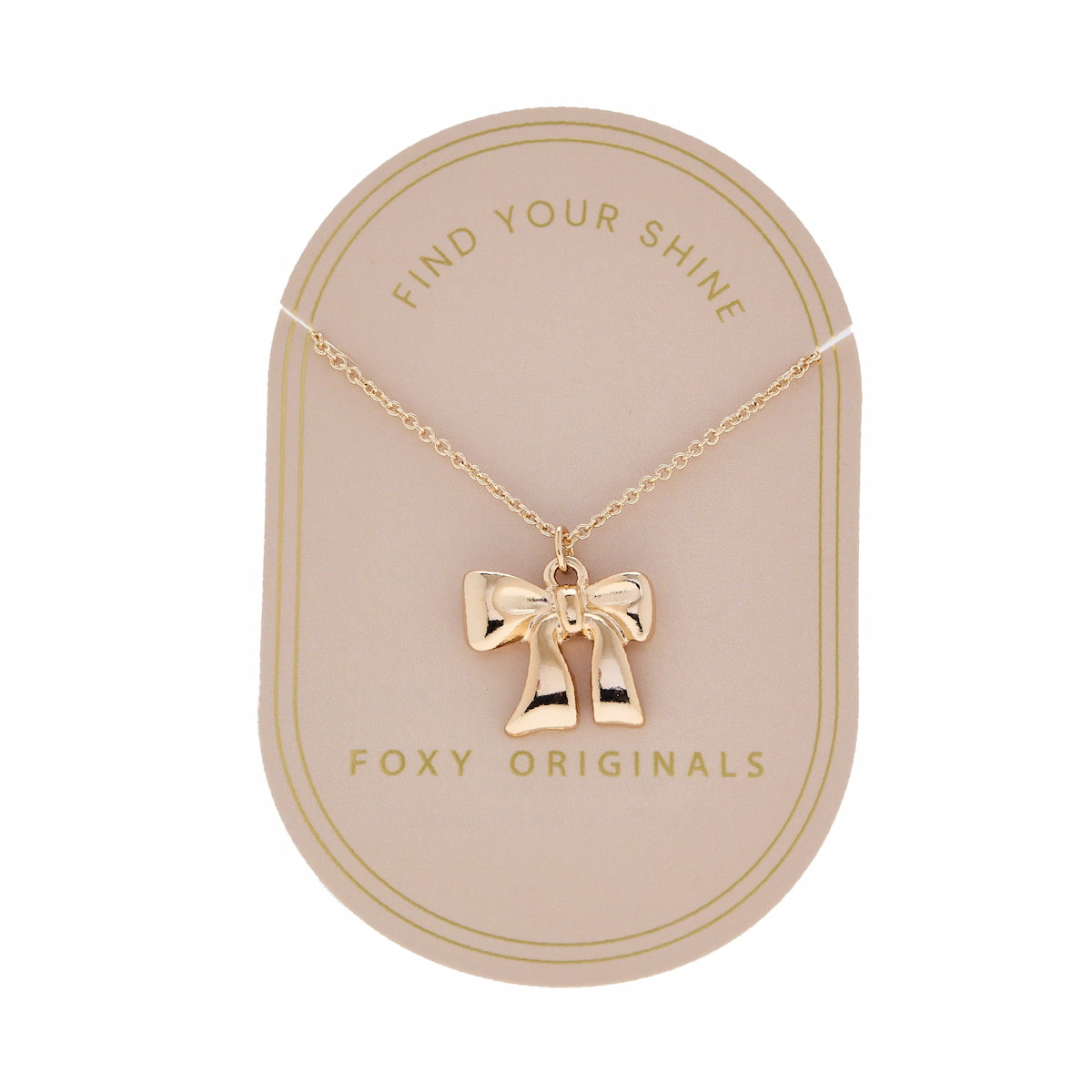 foxy originals gold bow necklace on display card, lemonberry aurora