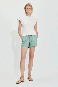 Front view of Brigette Top by Melissa Nepton with scallop flutter sleeves – available at Lemonberry