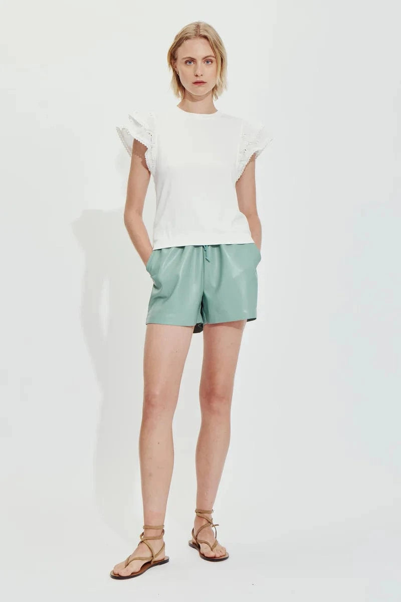 Front view of Brigette Top by Melissa Nepton with scallop flutter sleeves – available at Lemonberry