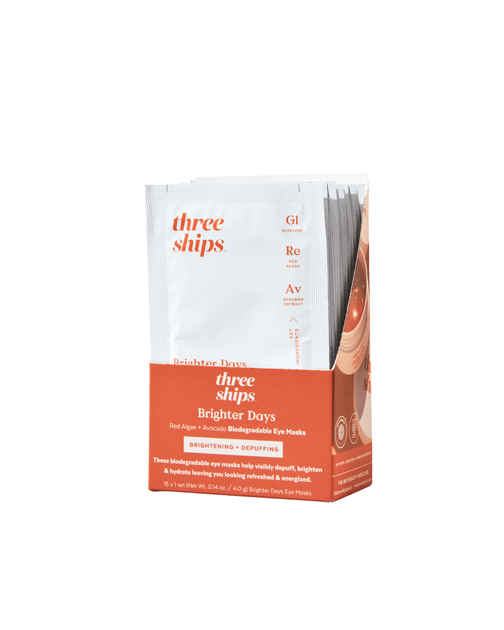 Sachet box open with visible Three Ships Brighter Days Eye Mask packets