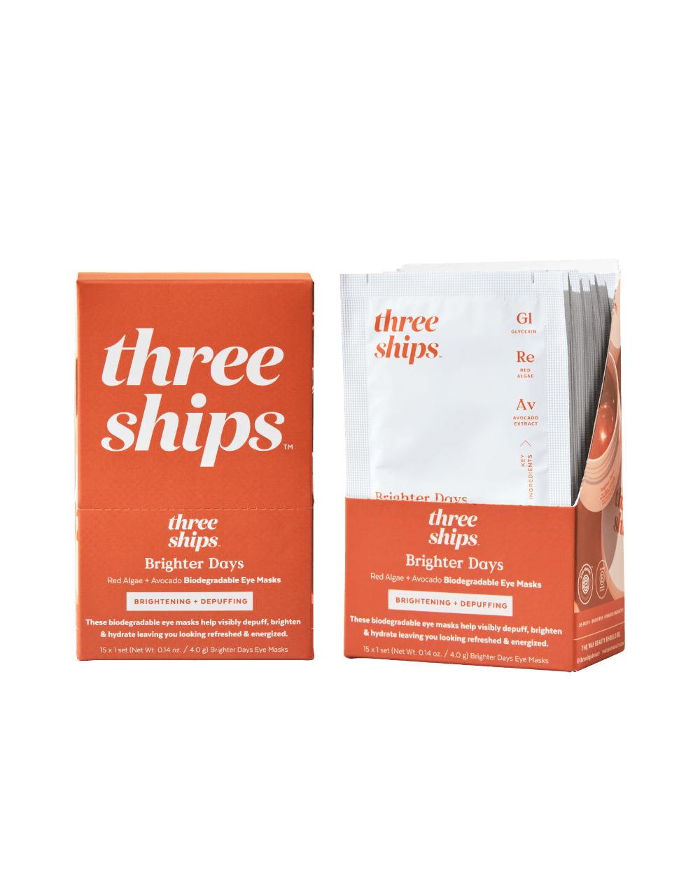 Front view of Brighter Days Eye Mask box and sachets by Three Ships, available at Lemonberry