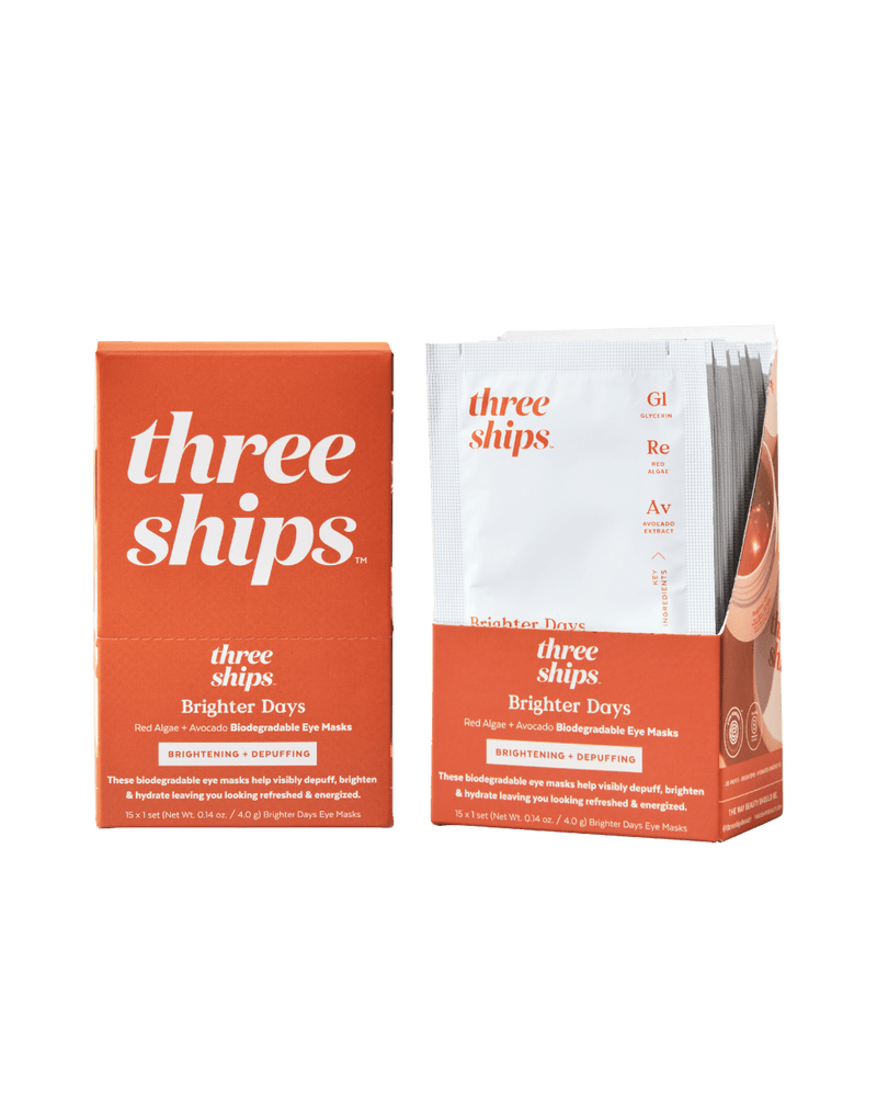 Front view of Brighter Days Eye Mask box and sachets by Three Ships, available at Lemonberry