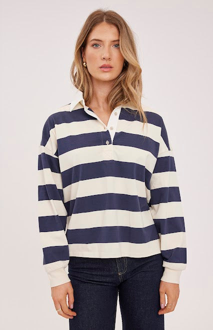 Navy and white striped collared top by Gentle Fawn, front view — Lemonberry Aurora