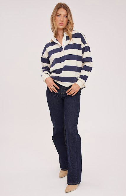Navy and white striped collared top by Gentle Fawn, full length view — Lemonberry Aurora