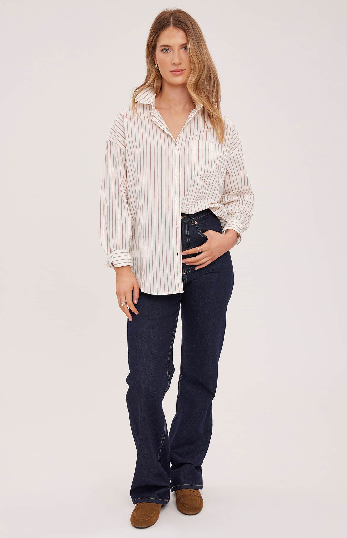 Women’s striped cotton button-down shirt, Gentle Fawn, front view — Lemonberry Aurora