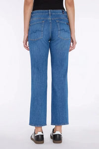 Back of the Calie Straight Legs by 7 For All Mankind, displaying the medium wash and signature pocket swirl.