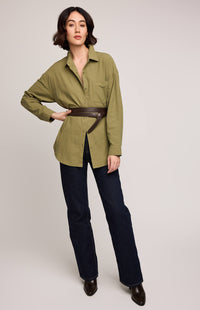 Gentle Fawn Callahan Button Down Shirt in vine green, relaxed fit, front view – available at Lemonberry in Aurora, ON
