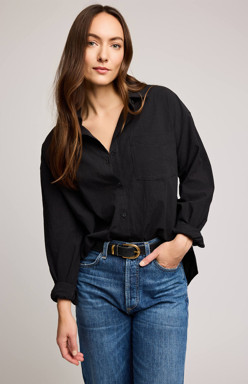 Gentle Fawn Callahan Button Down Shirt in black, relaxed fit, worn with jeans, front view – available at Lemonberry in Aurora, ON