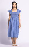 Front view of model wearing the Camille Dress by Pink Martini, showcasing the linen pinstripes, butterfly sleeves, and A-line silhouette.